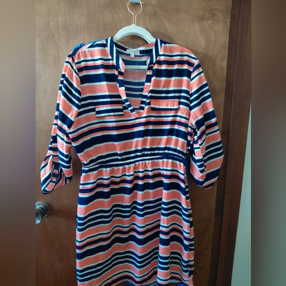 Stella Tweed Coral and Navy Striped Long Sleeve Dress